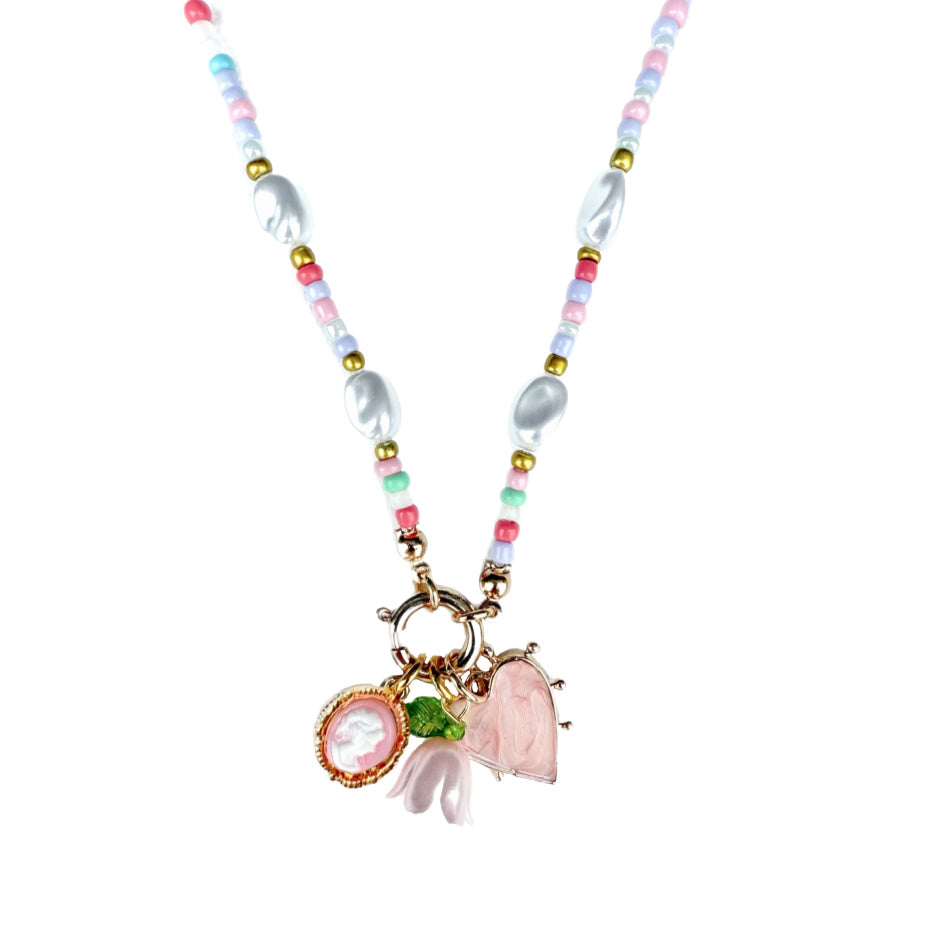 Beaded Pearl Floral Heart Necklace