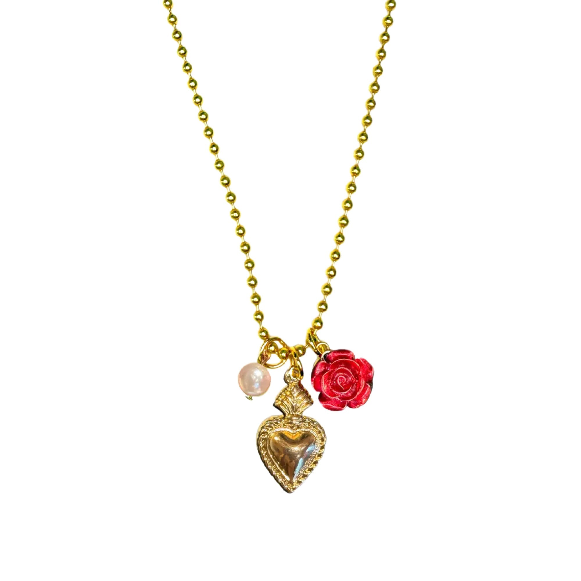 Rose Heart Pearl Charm Necklace
