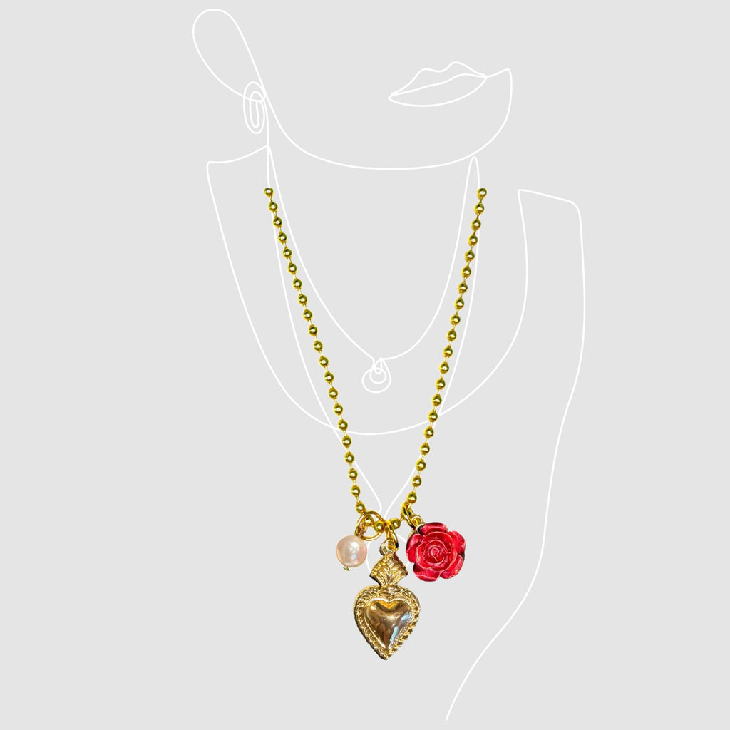 Rose Heart Pearl Charm Necklace